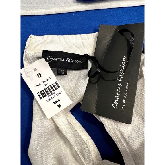 Charms Fashion Choker Crop Top V-Neck Rings on Each Side White M - Picture 13 of 15